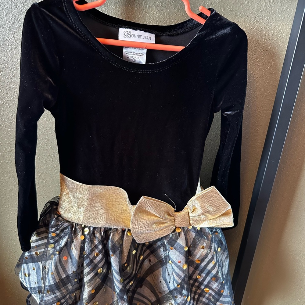 Bonnie Jean Velvet Black Dress with Gold Accents Size 4